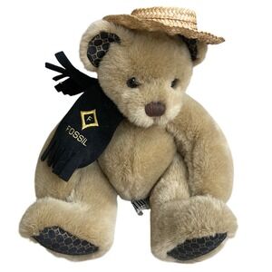 Fossil Collectible Teddy Bear Tan Plush with Straw Hat and Logo Scarf EUC 13"